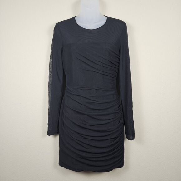 Dress The Population Brinley Black Mesh S Long Sleeve Ruched Mini Sheer Party - Picture 3 of 16